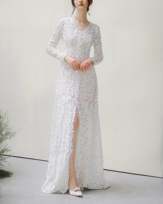 Elegant lace custom-order dress with V-neck and long sleeves - D1142