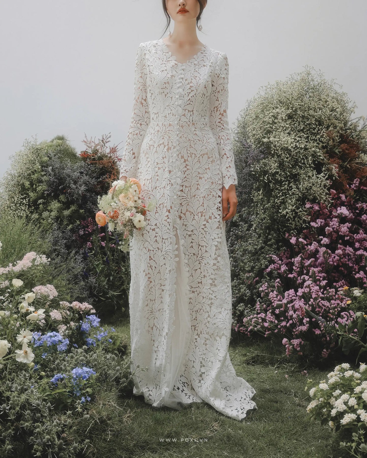 Elegant lace custom-order dress with V-neck and long sleeves - D1142