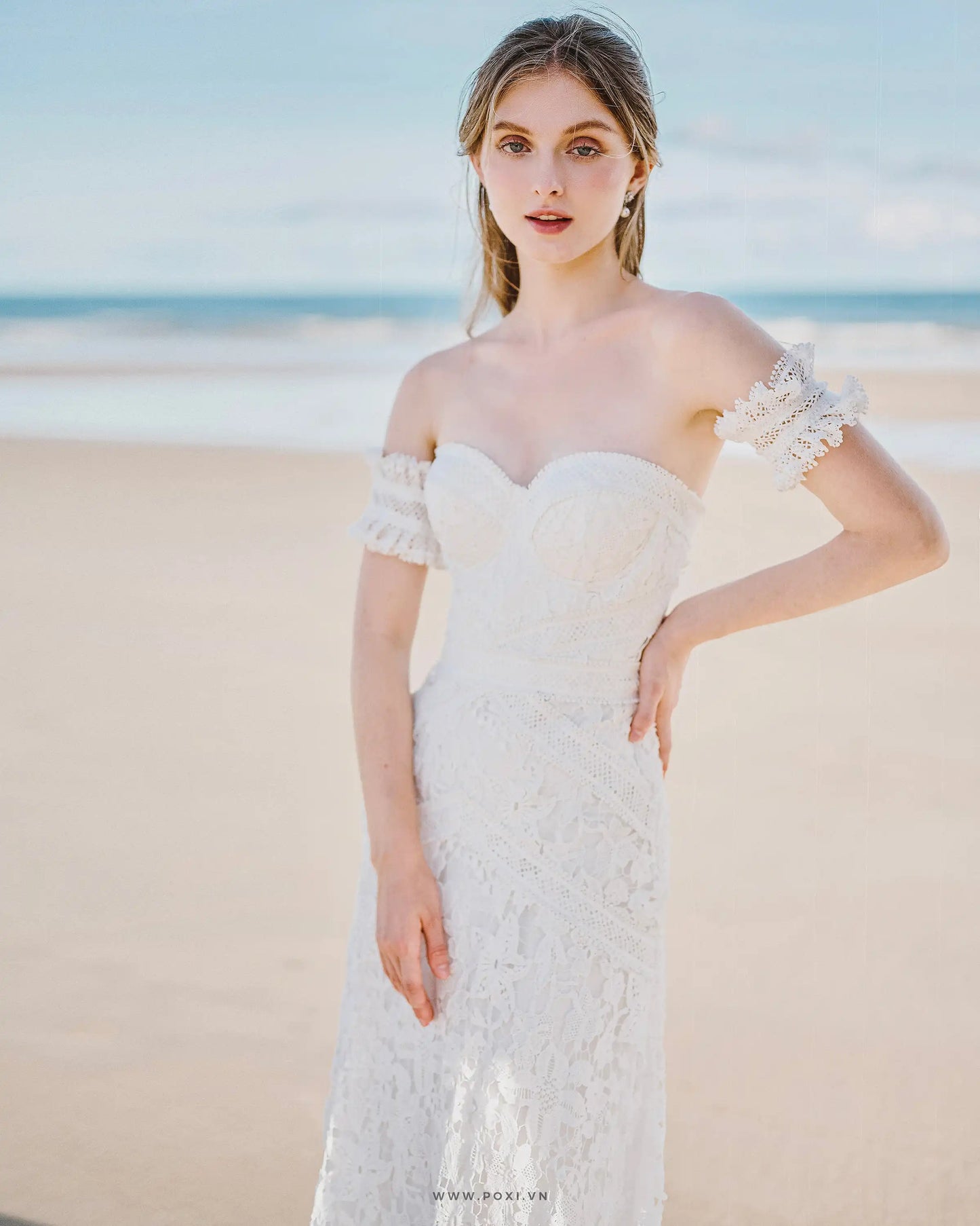 Off-shoulder lace custom-order dress with unique detachable ruffle sleeves - D1589