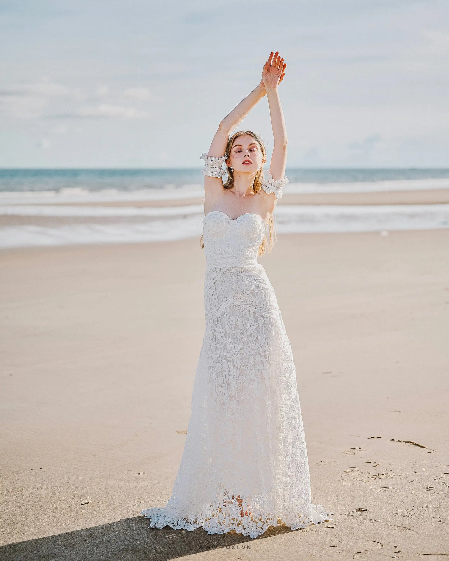 Off-shoulder lace custom-order dress with unique detachable ruffle sleeves - D1589