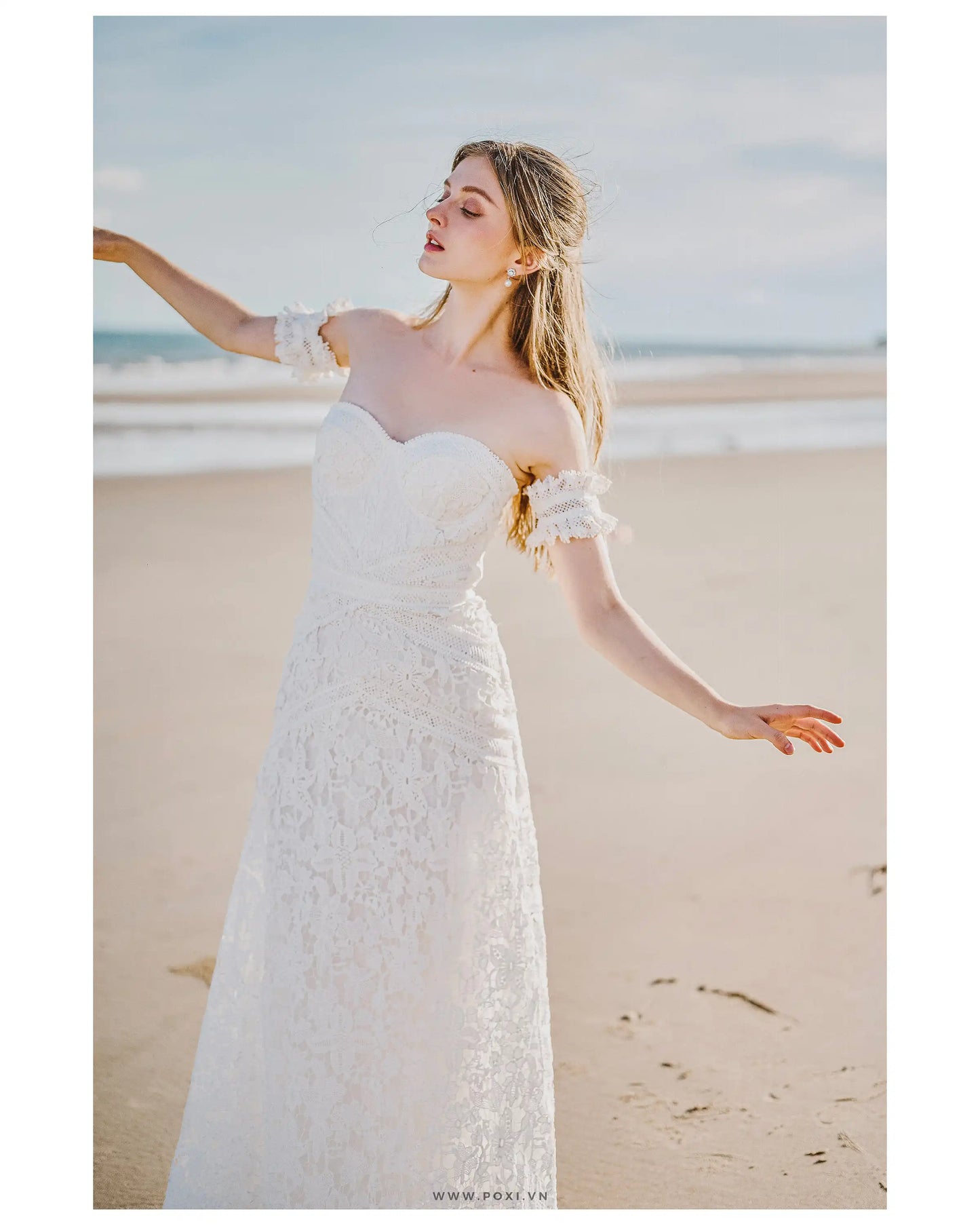 Off-shoulder lace custom-order dress with unique detachable ruffle sleeves - D1589