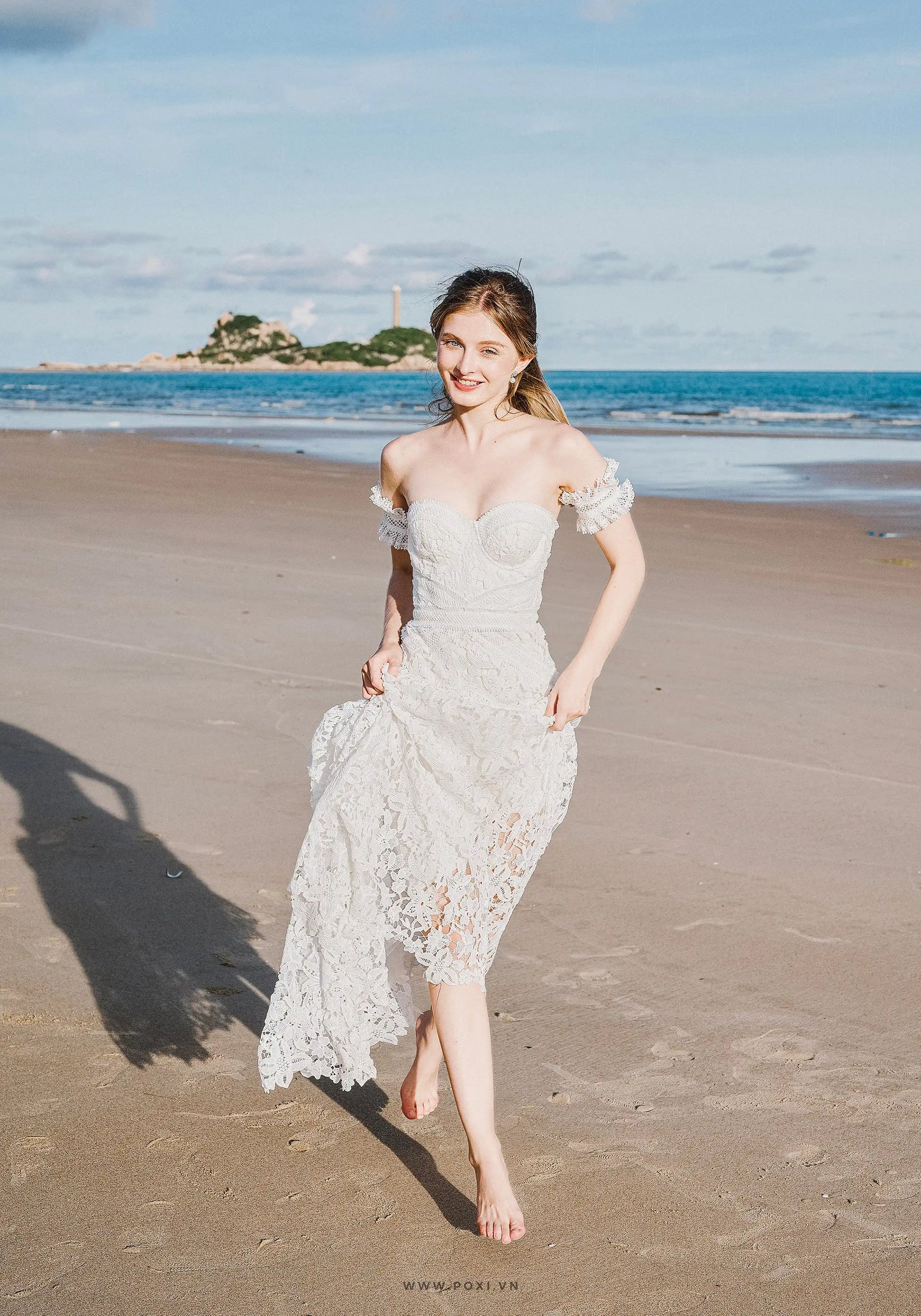 Off-shoulder lace custom-order dress with unique detachable ruffle sleeves - D1589