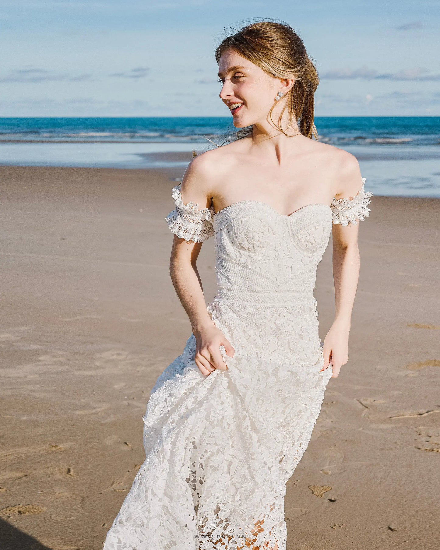 Off-shoulder lace custom-order dress with unique detachable ruffle sleeves - D1589