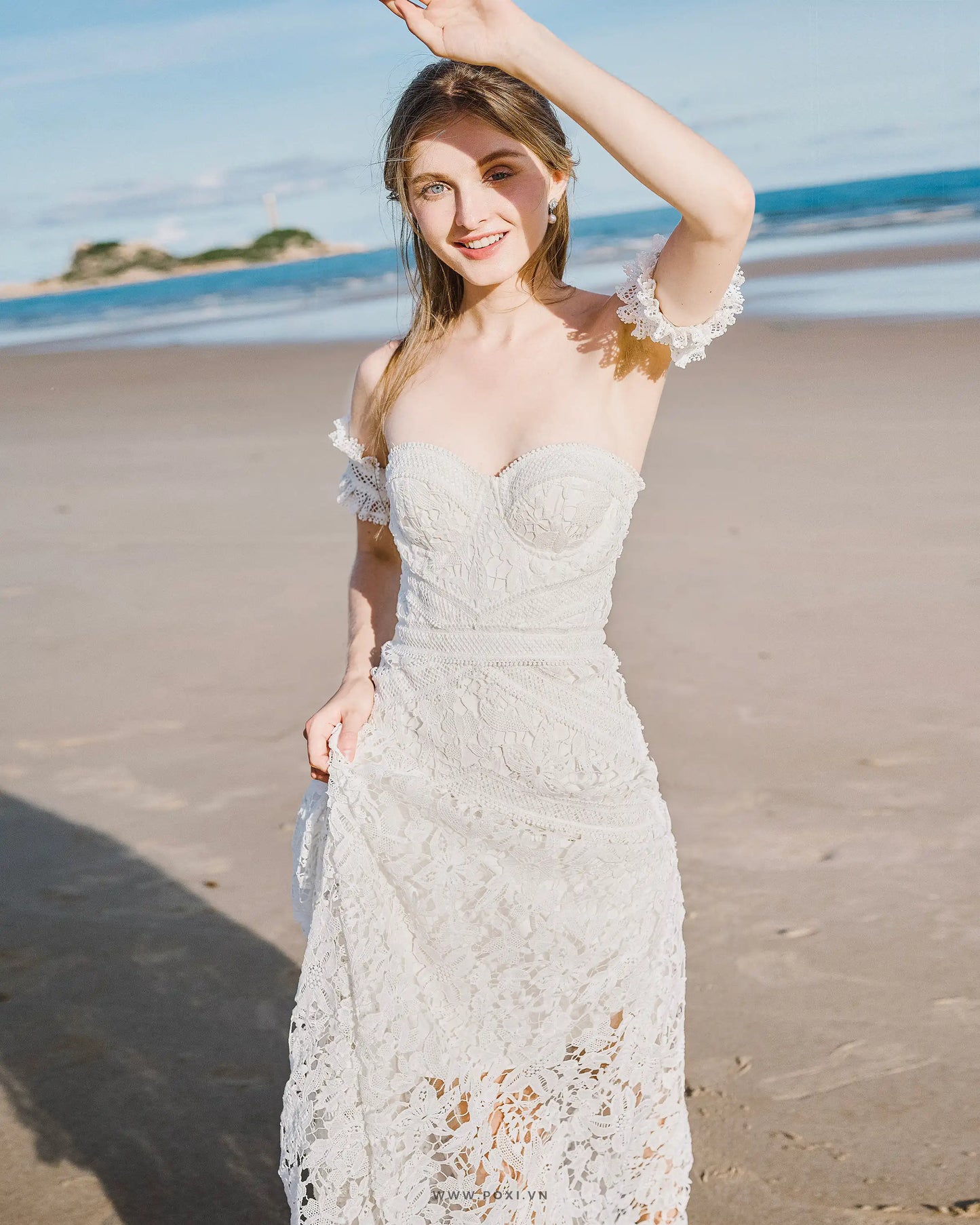 Off-shoulder lace custom-order dress with unique detachable ruffle sleeves - D1589