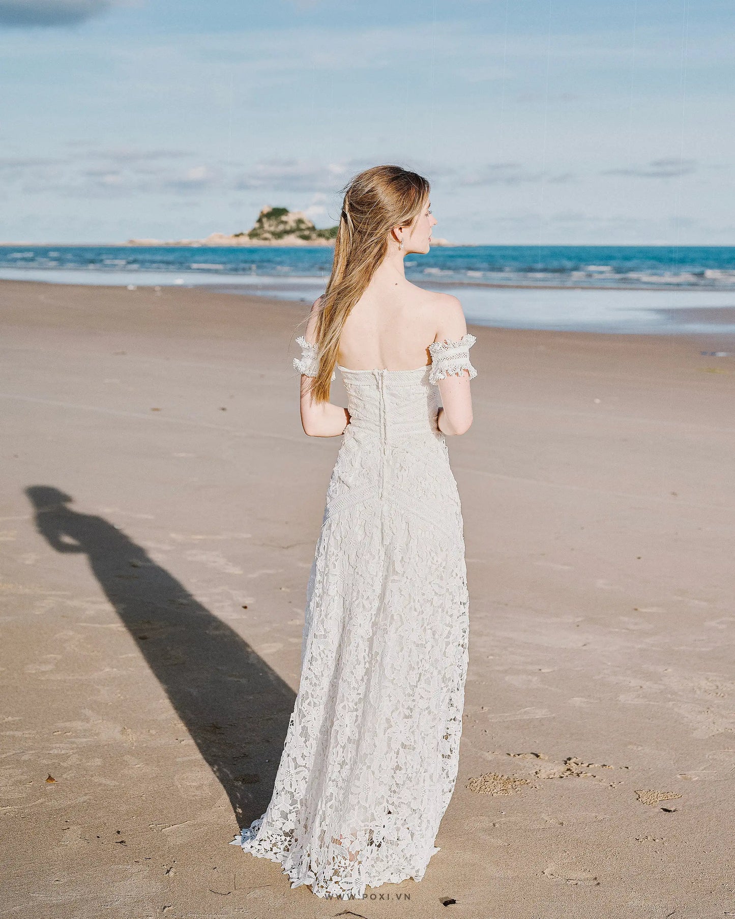 Off-shoulder lace custom-order dress with unique detachable ruffle sleeves - D1589