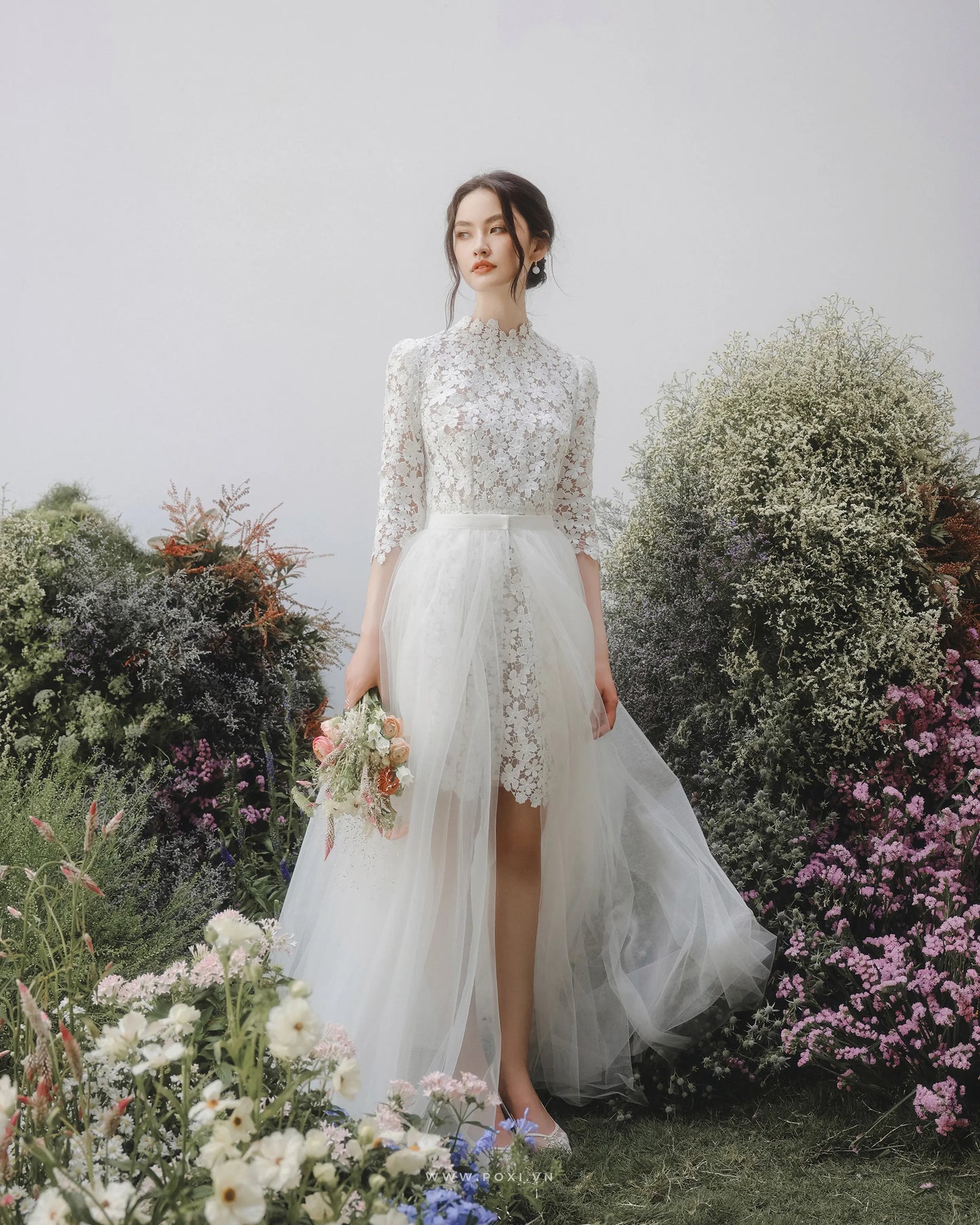 Made-to-order wedding dress includes A-line lace dress and tulle skirt - D1705 - POXI