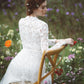 Made-to-order elegant lace wedding dress with crew neck, long sleeve, and detachable tulle skirt - D1536