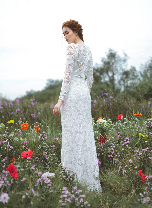 Made-to-order elegant lace wedding dress with crew neck and long sleeve - D1493