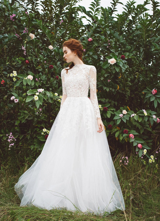 Made-to-order Lace wedding dress with boat neck and long sleeves - D1542