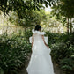 Impressive made-to-order wedding outfit with spaghetti-trap-neck dress and flowing organza cape - S1830