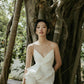 Impressive made-to-order wedding outfit with spaghetti-trap-neck dress and flowing organza cape - S1830