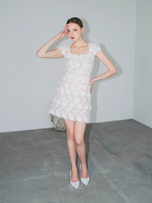 Made-to-order 3D floral lace mini dress with short sleeves and square neck - D1889